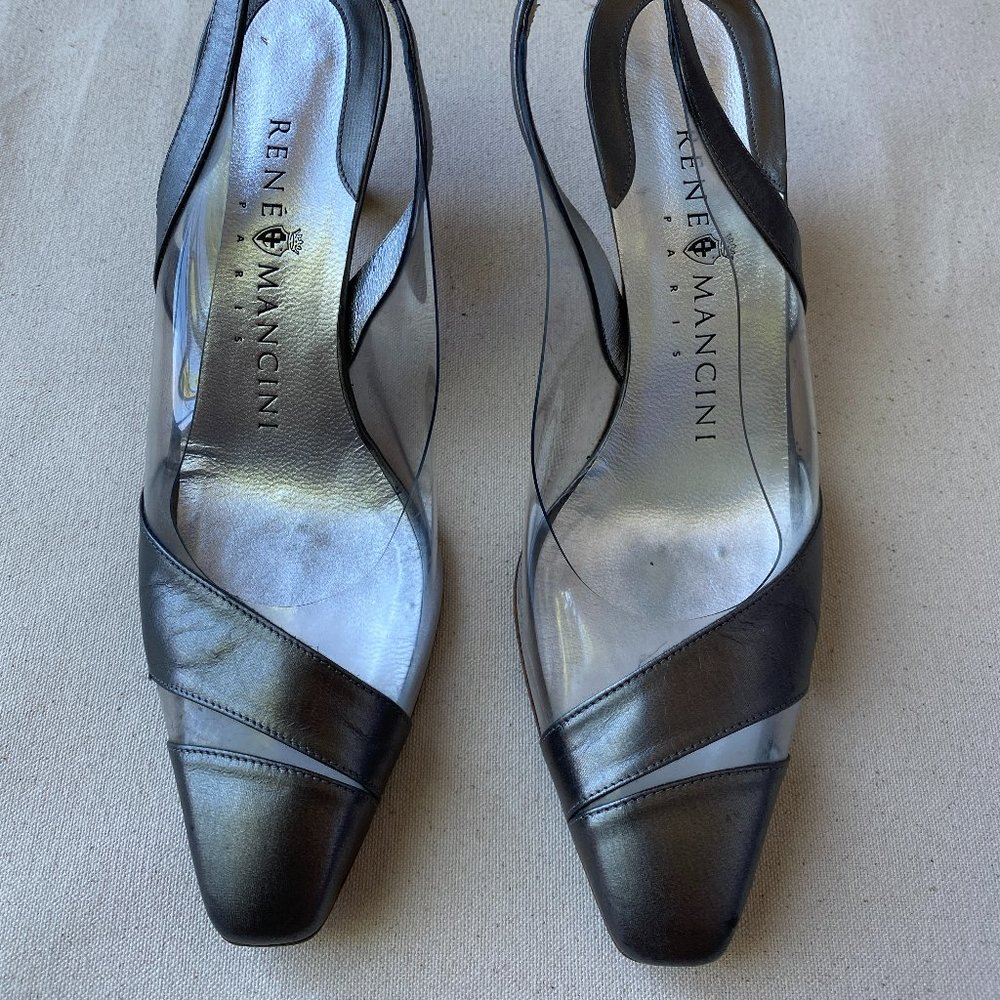 Rene Mancini Vintage Gunmetal Silver and Clear Illusion Slingback Heels, Size 37